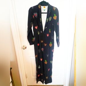 FARM RIO Black Jumpsuit with Heart & Pineapple Embroidery. **SMALL RUN SEE PIC**